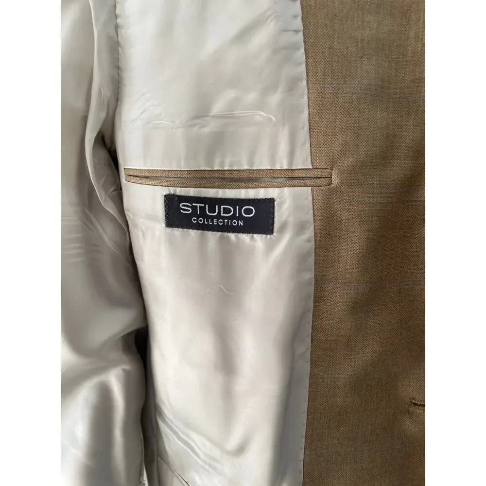 Hart Schaffner Marx 3 Button Suit Jacket Blazer Tan w Blue Windowpane 42S SG
